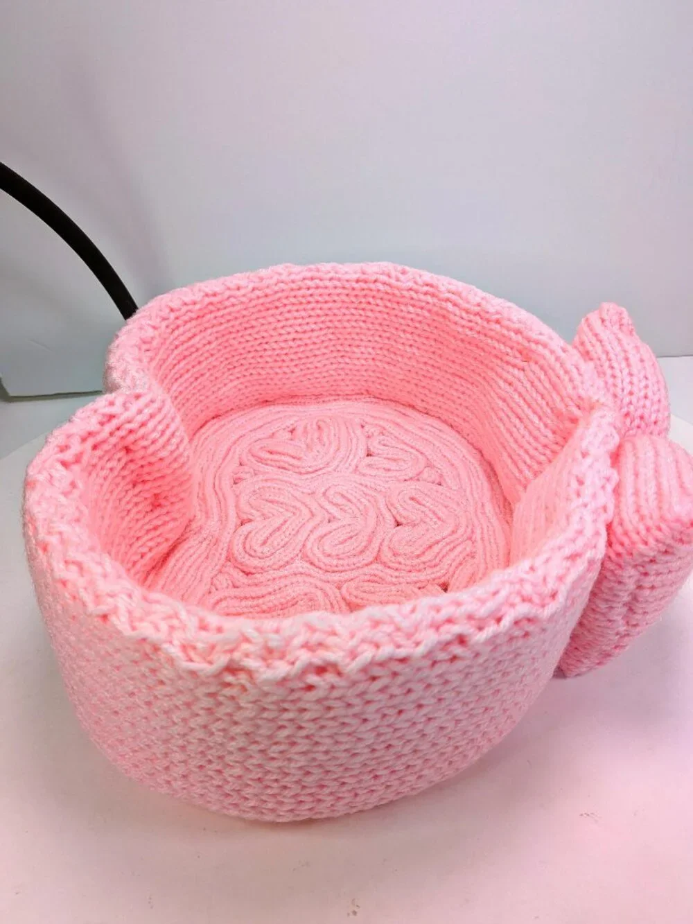 Handmade Pink Heart Crochet Basket with Bow- Valentine's - Baby Shower Girl